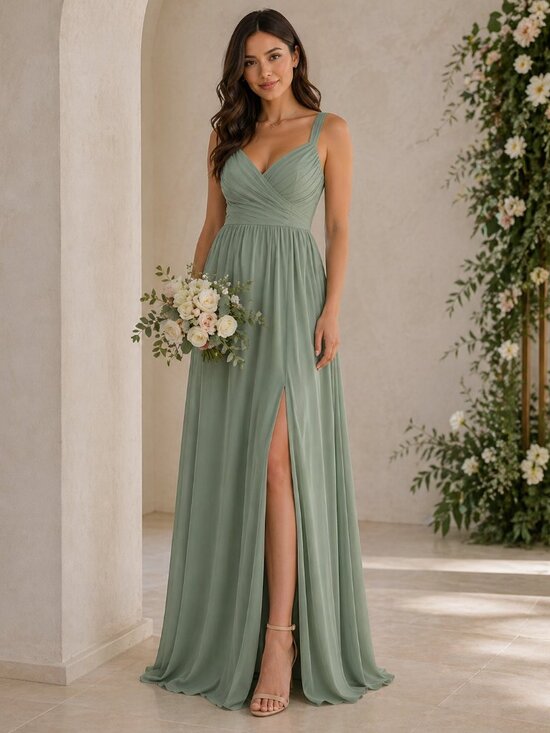 Azazie Dresses & Skirts - Azazie Aziza Matcha A-line V-Neck Pleated Chiffon Women's Bridesmaid Sz 14